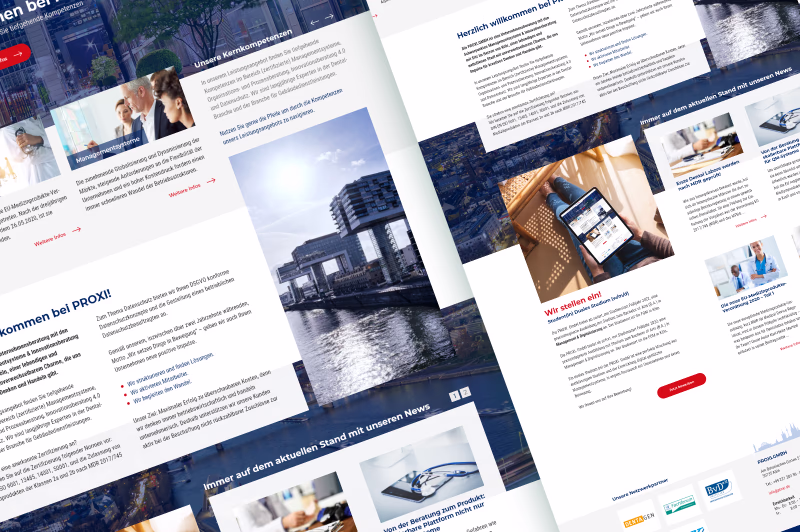 Mehrere schräg angeordnete Website-Layoutseiten mit Bildern, Textabschnitten und UI-Elementen in einer Mockup-Komposition.