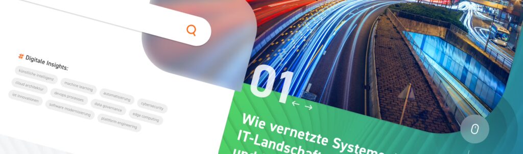 Grafische Komposition aus Benutzeroberflächen-Elementen und einem Foto einer nächtlichen Straße mit Lichtspuren.