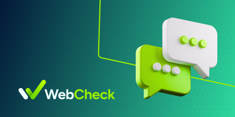 WebCheck Logo neben zwei 3D-Chatblasen in Grün und Weiß.
