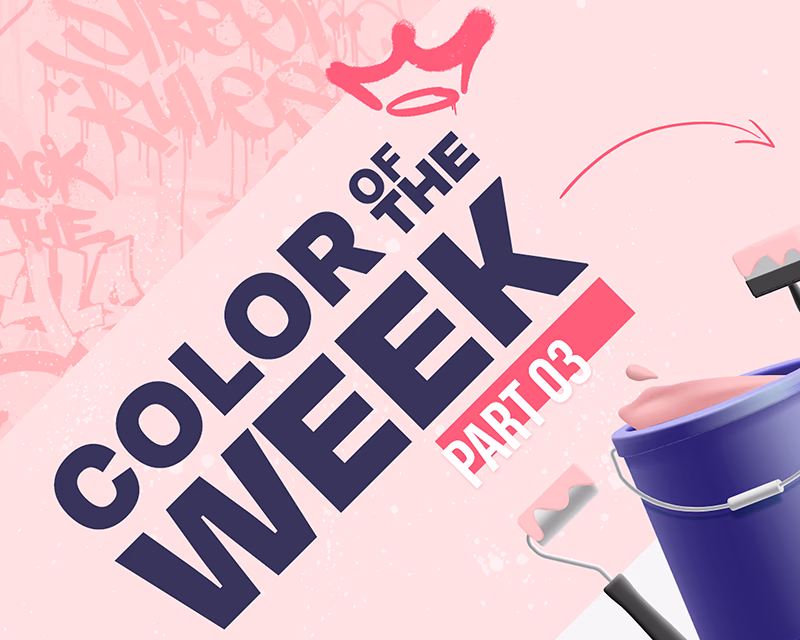 Grafische Komposition mit pinkem Hintergrund, Farbspritzern, Farbeimern und einem Titelmotiv zum Thema ‚Color of the Week‘.