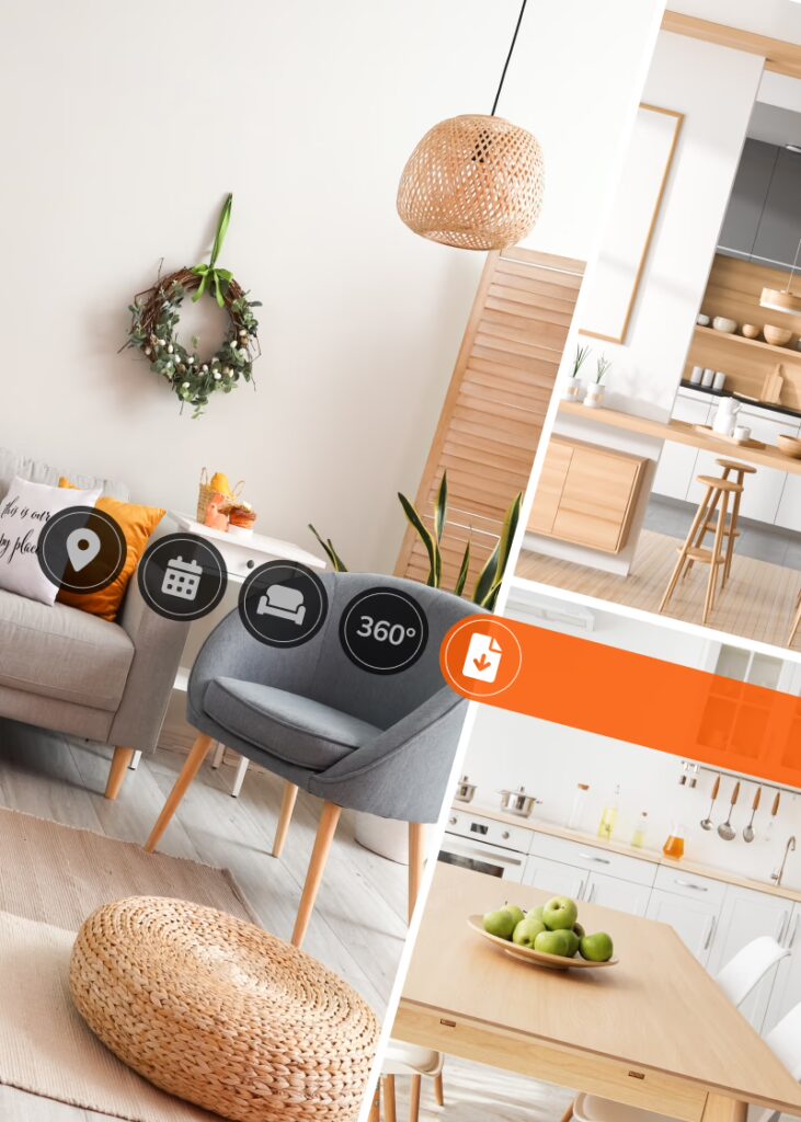 Collage aus modernen Wohnraumfotos mit Wohnzimmer- und Küchenbereichen, kombiniert mit dekorativen UI-Symbolen wie Standort, Kalender, Sofa und 360-Grad-Icon.