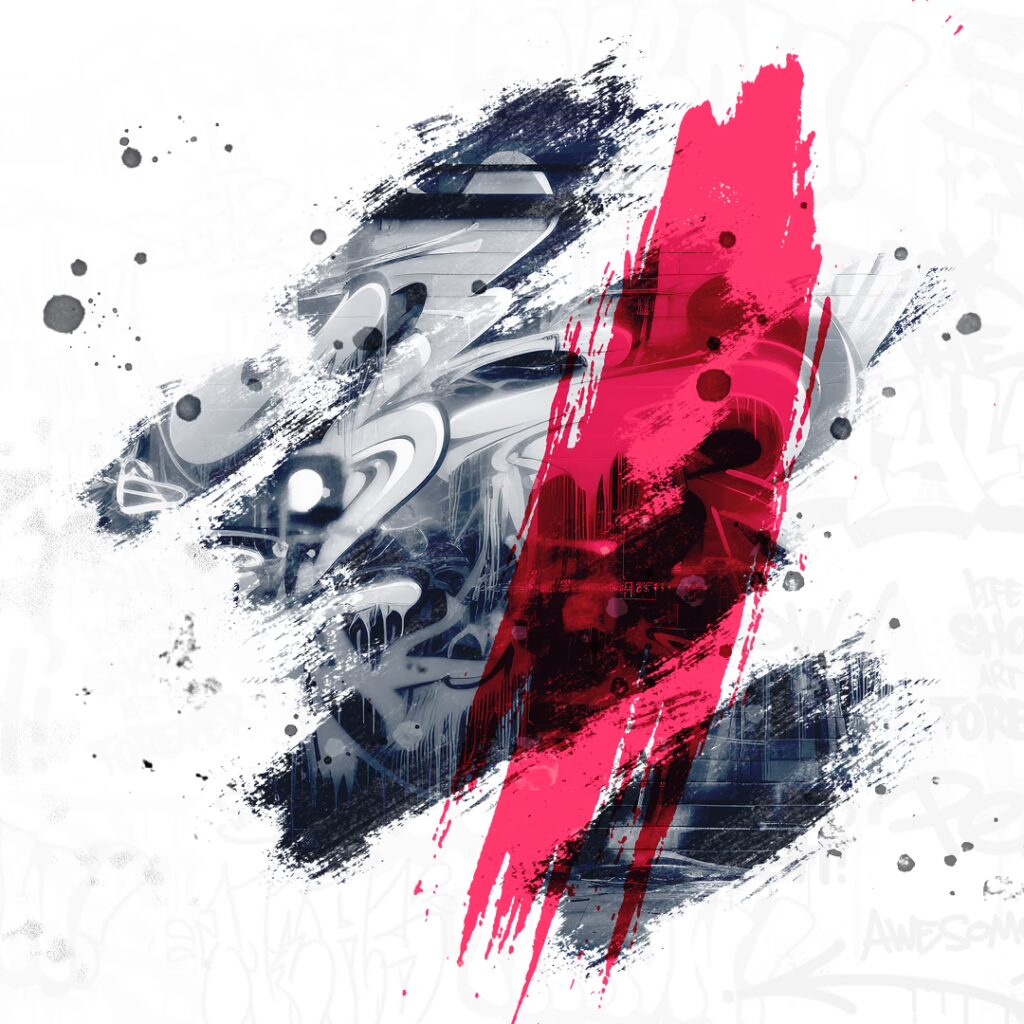 Abstrakte Graffiti-Komposition mit schwarzen und weißen Pinselstrukturen, Farbspritzern und einem auffälligen pinken Farbstrich.