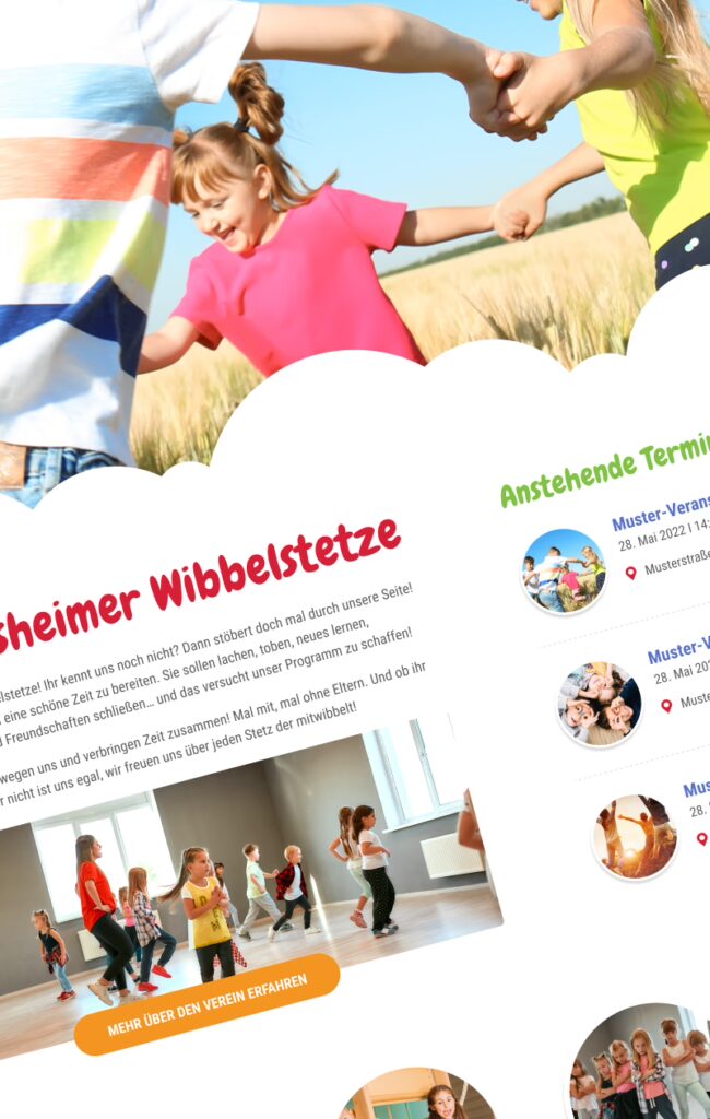 Collage aus spielenden Kindern im Freien und Innenaufnahmen einer Kindergruppe beim Tanzen, kombiniert mit einer Webseitenvorschau für einen Kinder- oder Vereinsbereich.