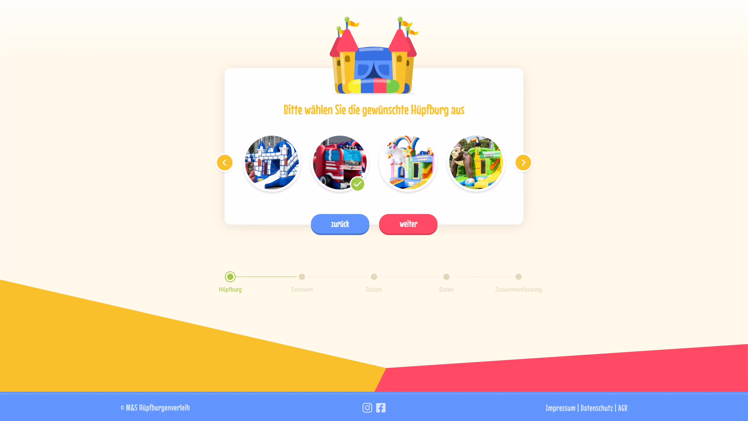 Webdesign der Reservierungs- und Kontaktseite eines Hüpfburgenverleihs mit farbenfrohem Layout und Formular.