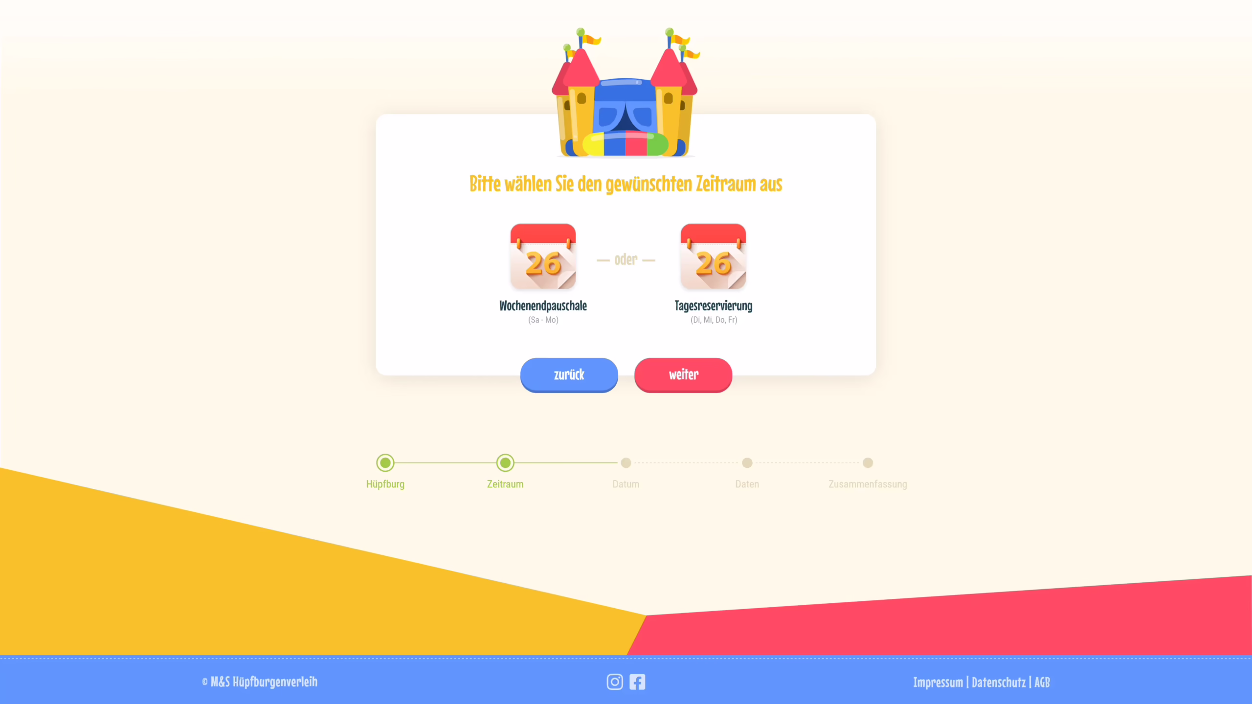 Webdesign der Reservierungs- und Kontaktseite eines Hüpfburgenverleihs mit farbenfrohem Layout und Formular.