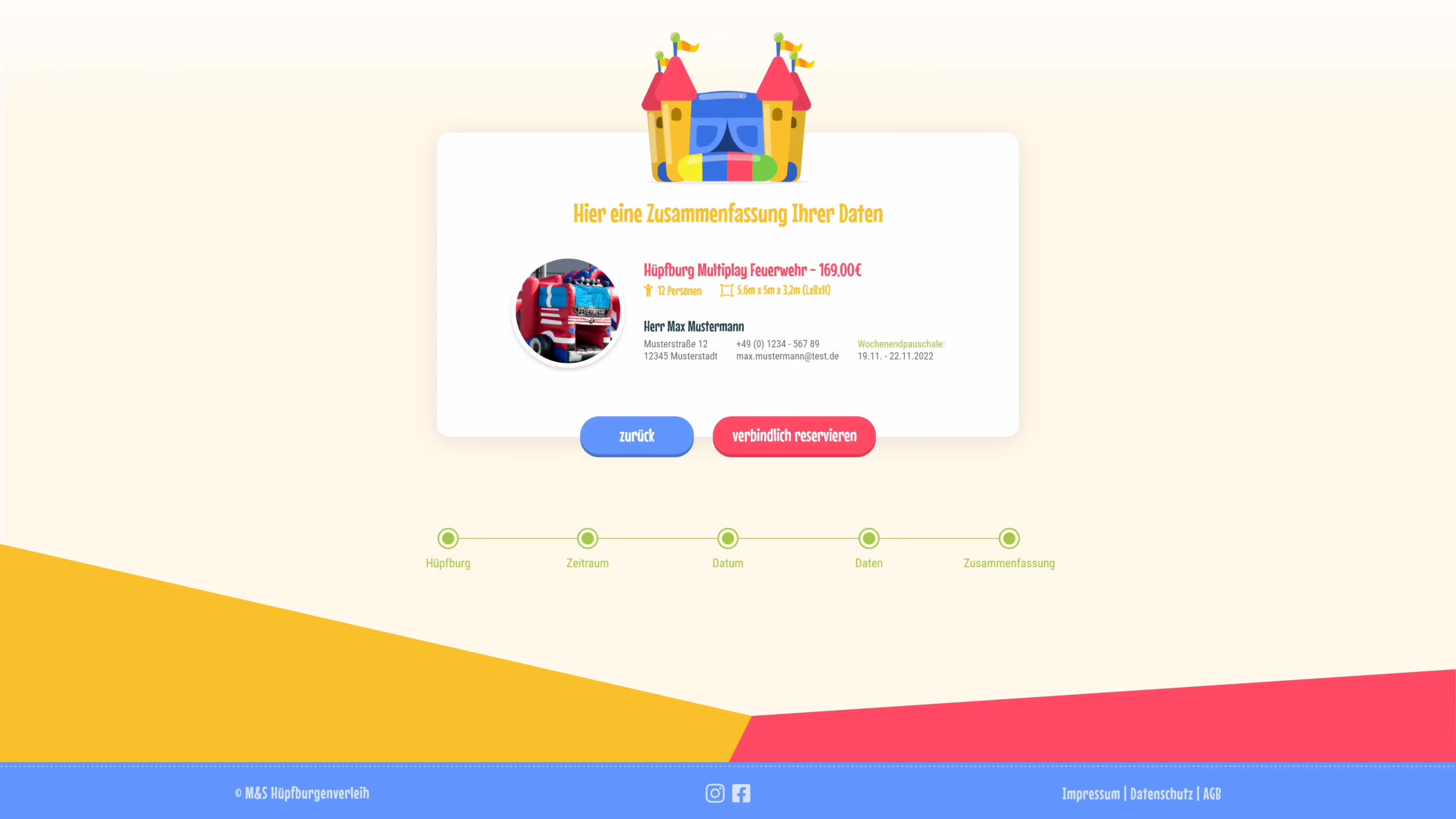 Webdesign der Reservierungs- und Kontaktseite eines Hüpfburgenverleihs mit farbenfrohem Layout und Formular.