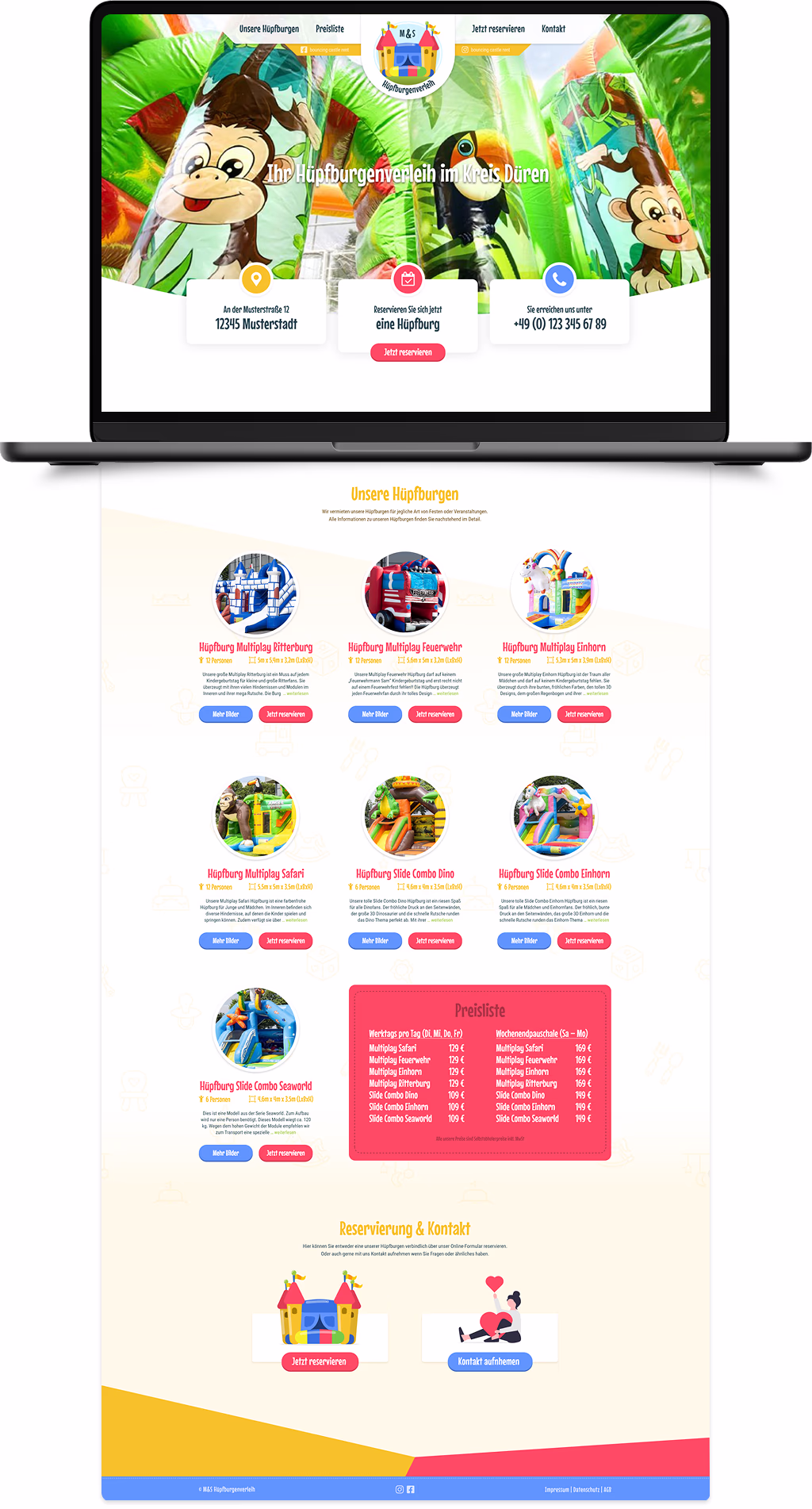 Fullpage-Webdesign eines Hüpfburgverleihs mit farbenfroher Startseite, Hüpfburg-Übersicht, Preisliste und Kontaktbereich.