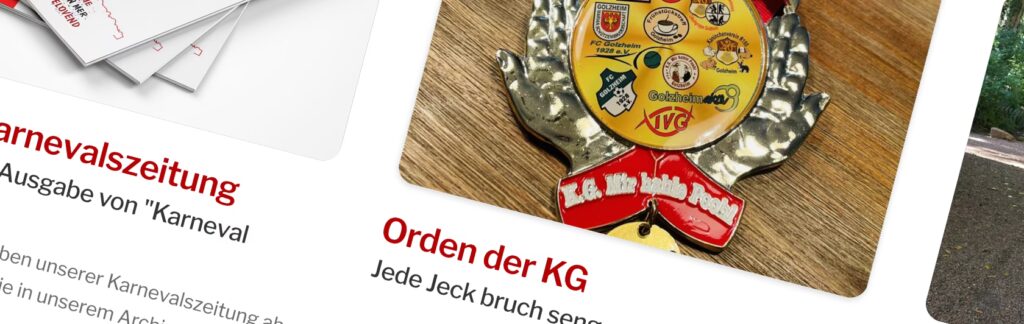 Ausschnitt einer Webseitenkomposition mit einer Karnevalszeitung und einem Karnevalsorden mit mehreren Vereinslogos auf einer Holzoberfläche.
