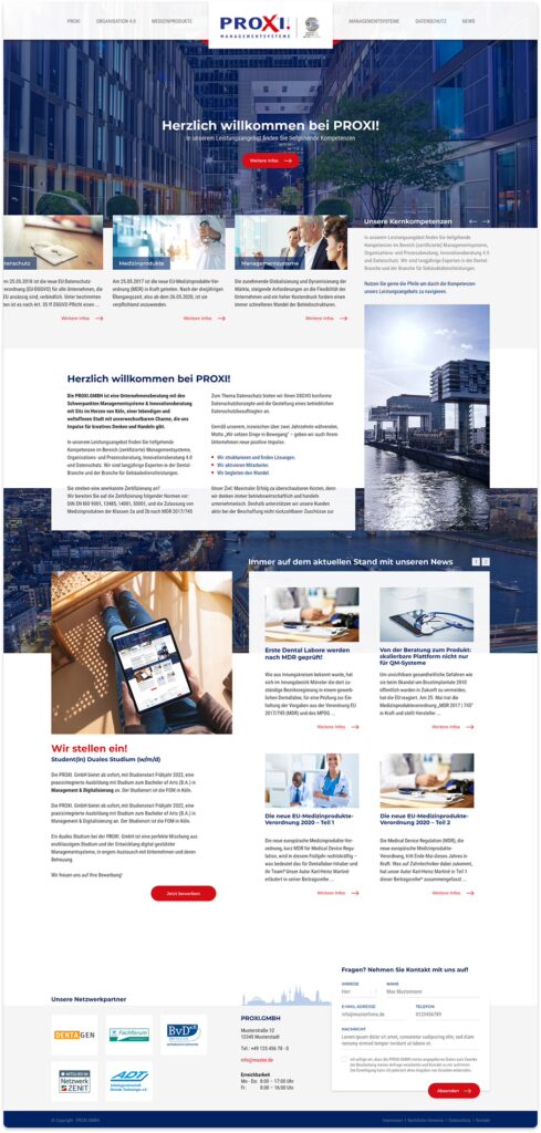 Full-page web design mockup of the Management Systems corporate website featuring homepage, services, news section, career info, and contact form.