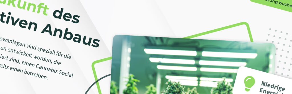 Full-page web design mockup of a modern cultivation technology website featuring product overview and informational sections.