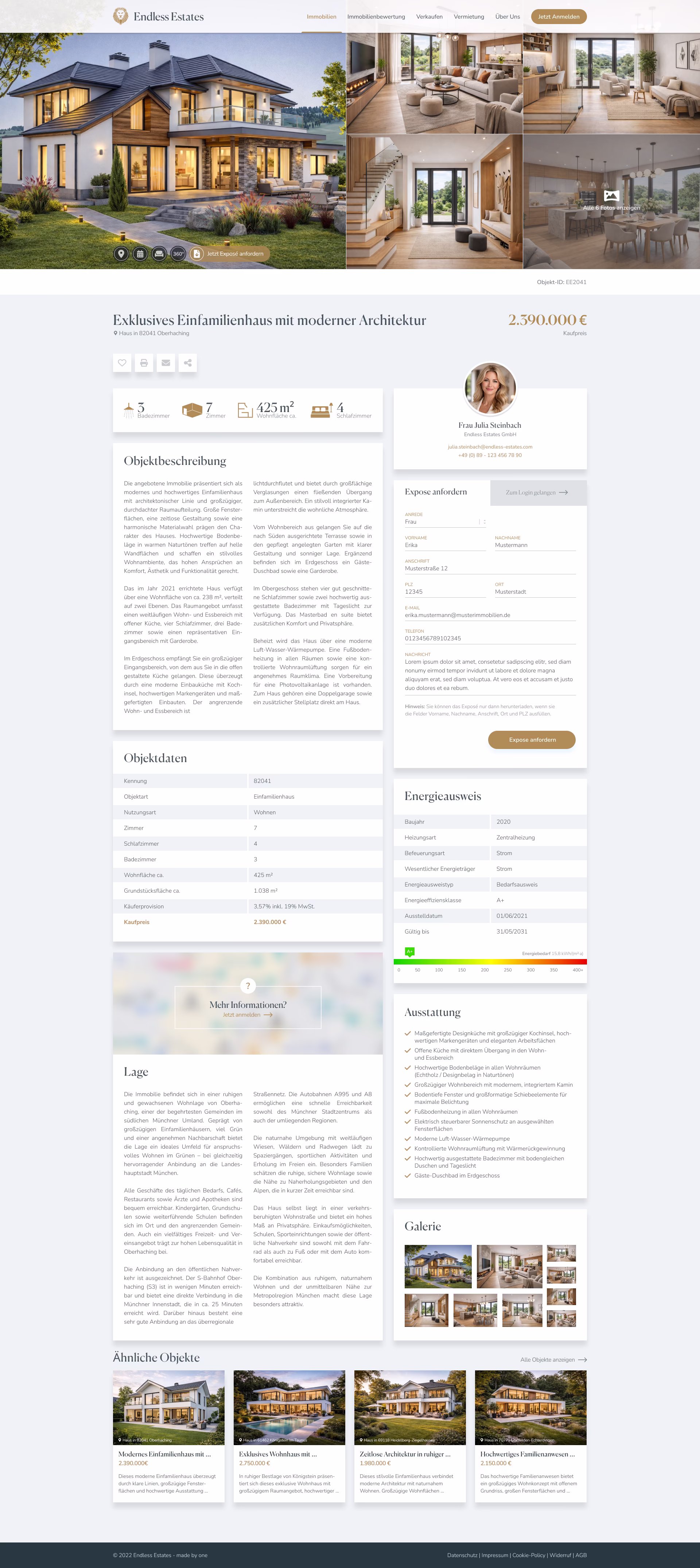 Real estate property detail page design featuring a luxury single-family home with image gallery and property details