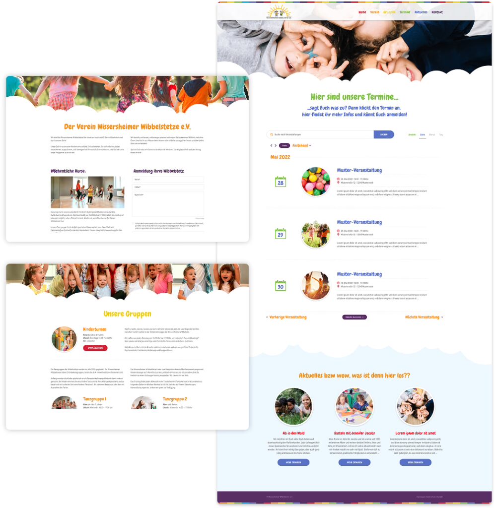 Web design of the detail page for the children and youth club including event information and images.