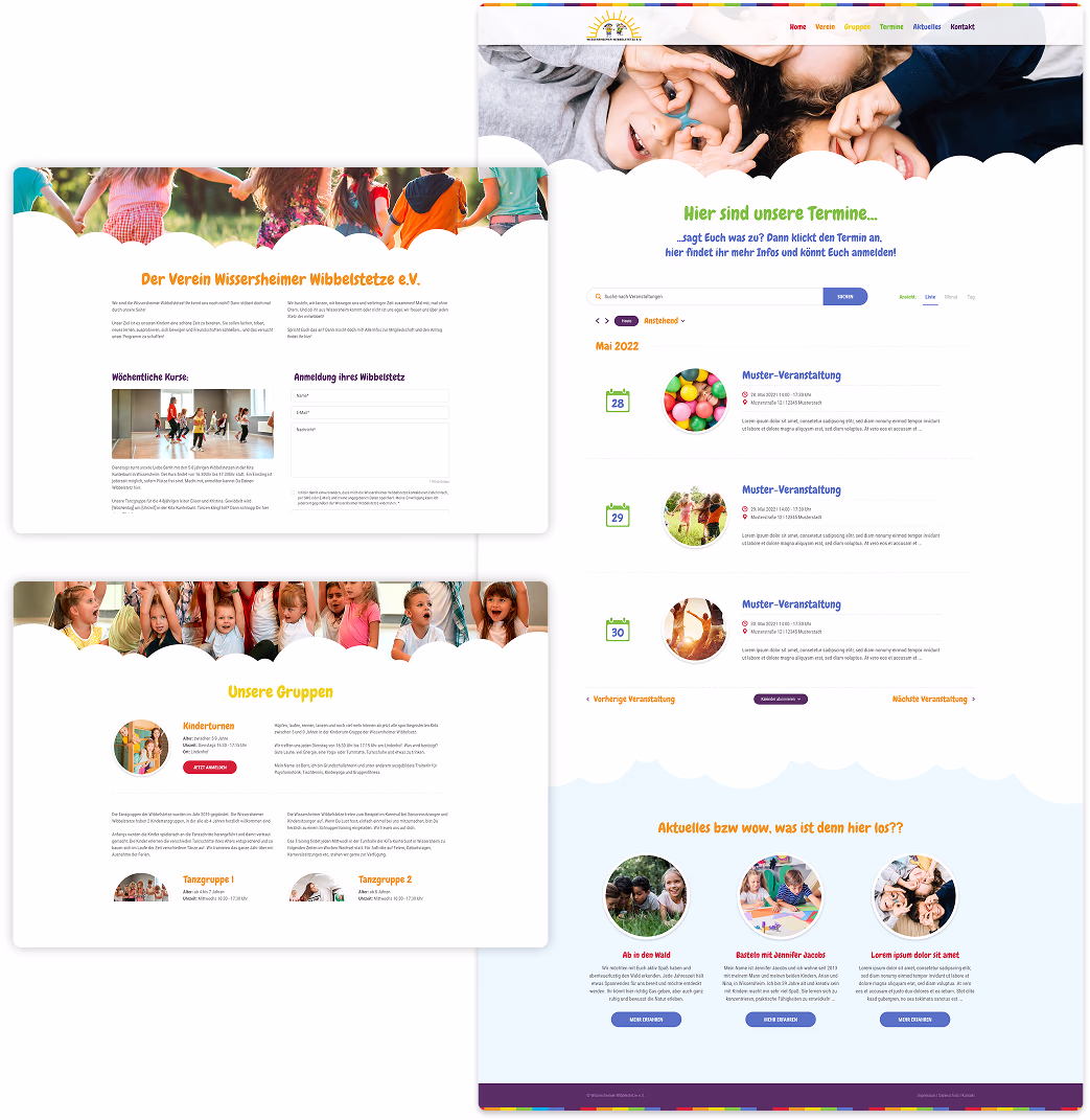 Webdesign der Detailseite des Kinder- und Jugendvereins mit Veranstaltungsinformationen und Bildern.