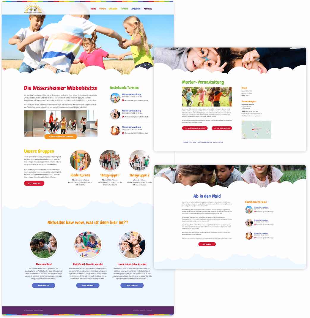 Fullpage-Webdesign des Kinder- und Jugendvereins mit Startseite, Gruppenübersicht, Veranstaltungen und Detailseiten.